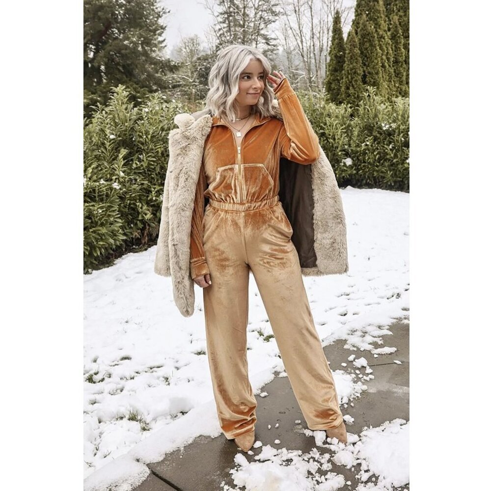 Velour Velvet Long Sleeve Zip-Up Wide Leg Onesie Jumpsuit W/ Pockets - Honey